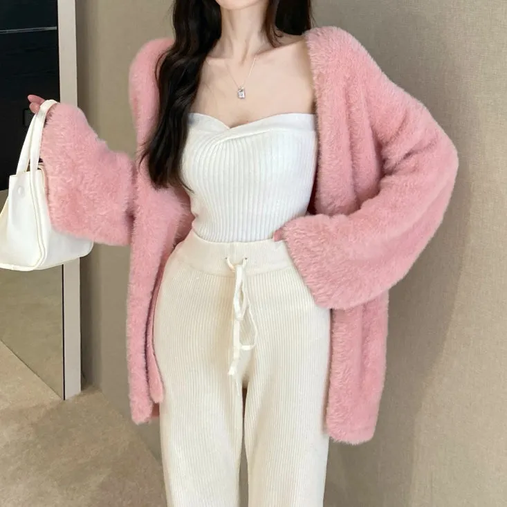 Long Sleeve Sweater Coat Top Drawstring Trousers Set