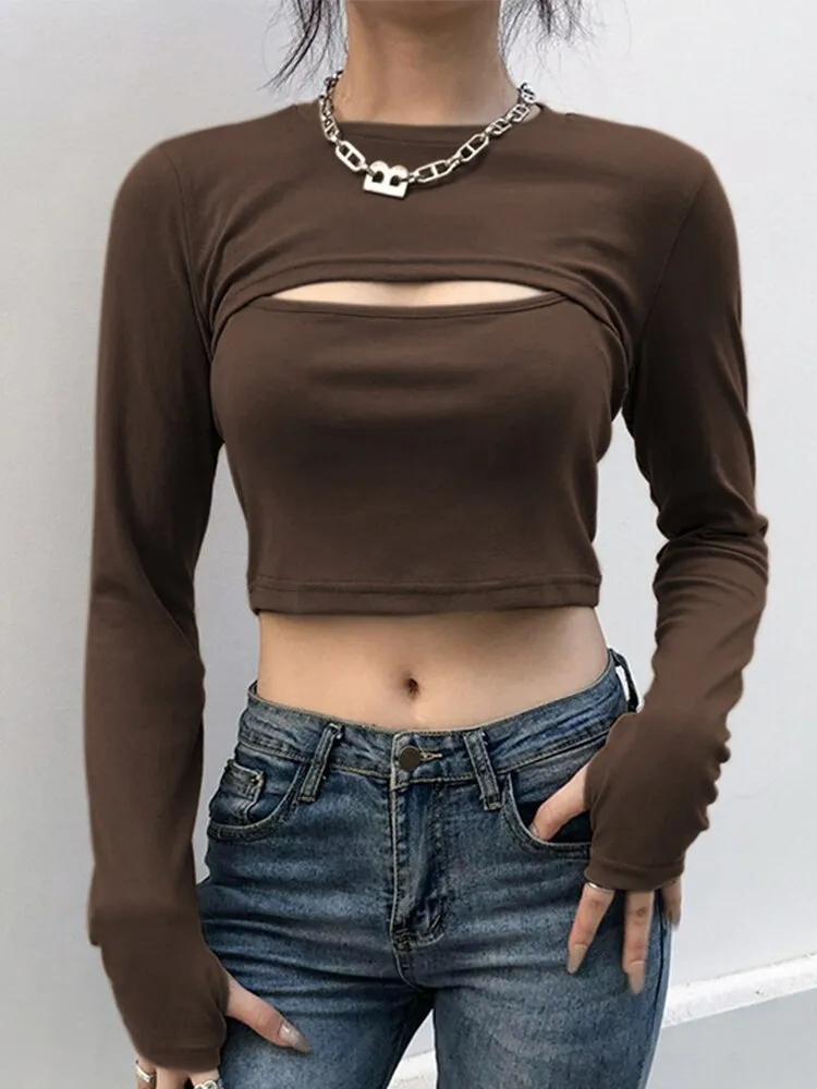 Long Sleeve T-Shirt Y2K Top New Year 2022 2 Piece Set Corset Top White Crop Top Skinny Knitted Tee Streetwear Women Pulovers