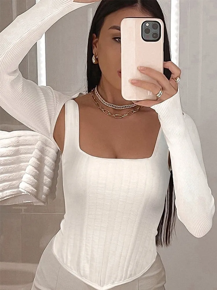 Long Sleeve T-Shirt Y2K Top New Year 2022 2 Piece Set Corset Top White Crop Top Skinny Knitted Tee Streetwear Women Pulovers