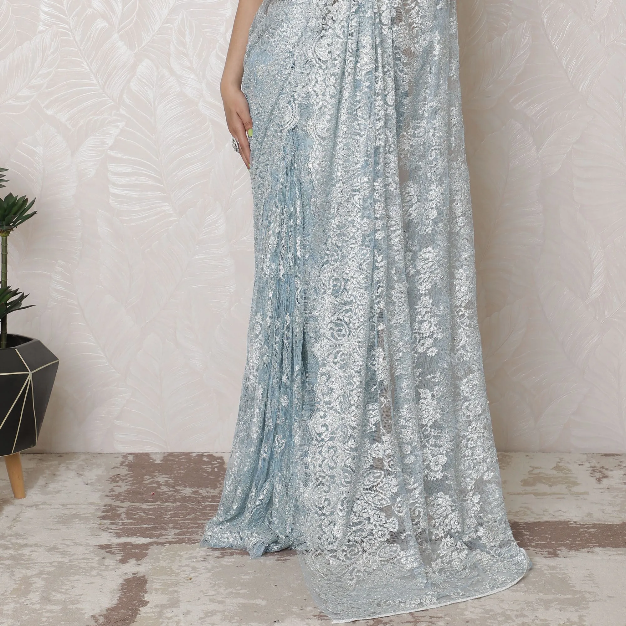 Luxurious Silver Metallic Lace Powder Blue Saree with Stonework, French Craftsmanship, 110cm Width, 5.5m Length â€“ Blouse Not Included-D17865