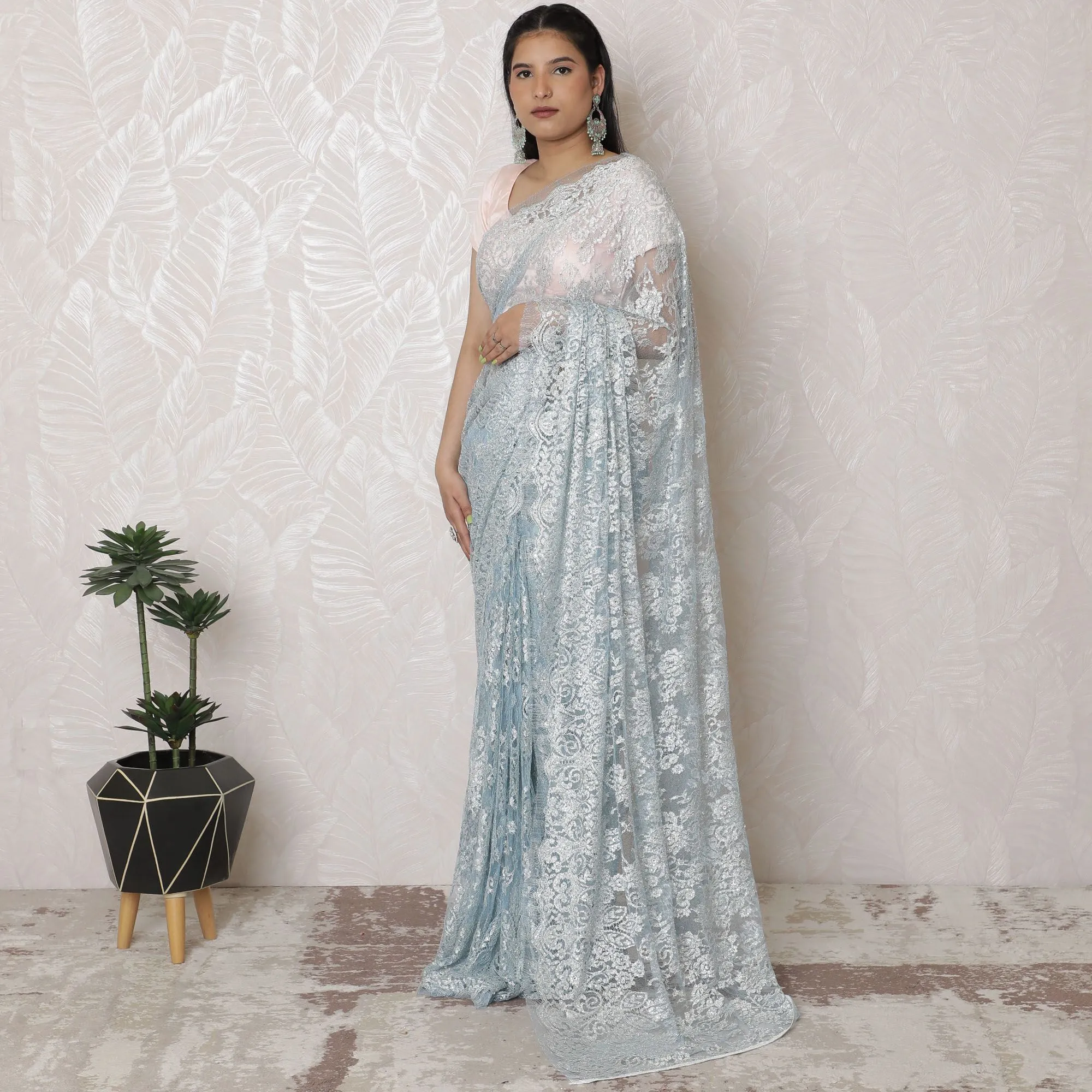 Luxurious Silver Metallic Lace Powder Blue Saree with Stonework, French Craftsmanship, 110cm Width, 5.5m Length â€“ Blouse Not Included-D17865