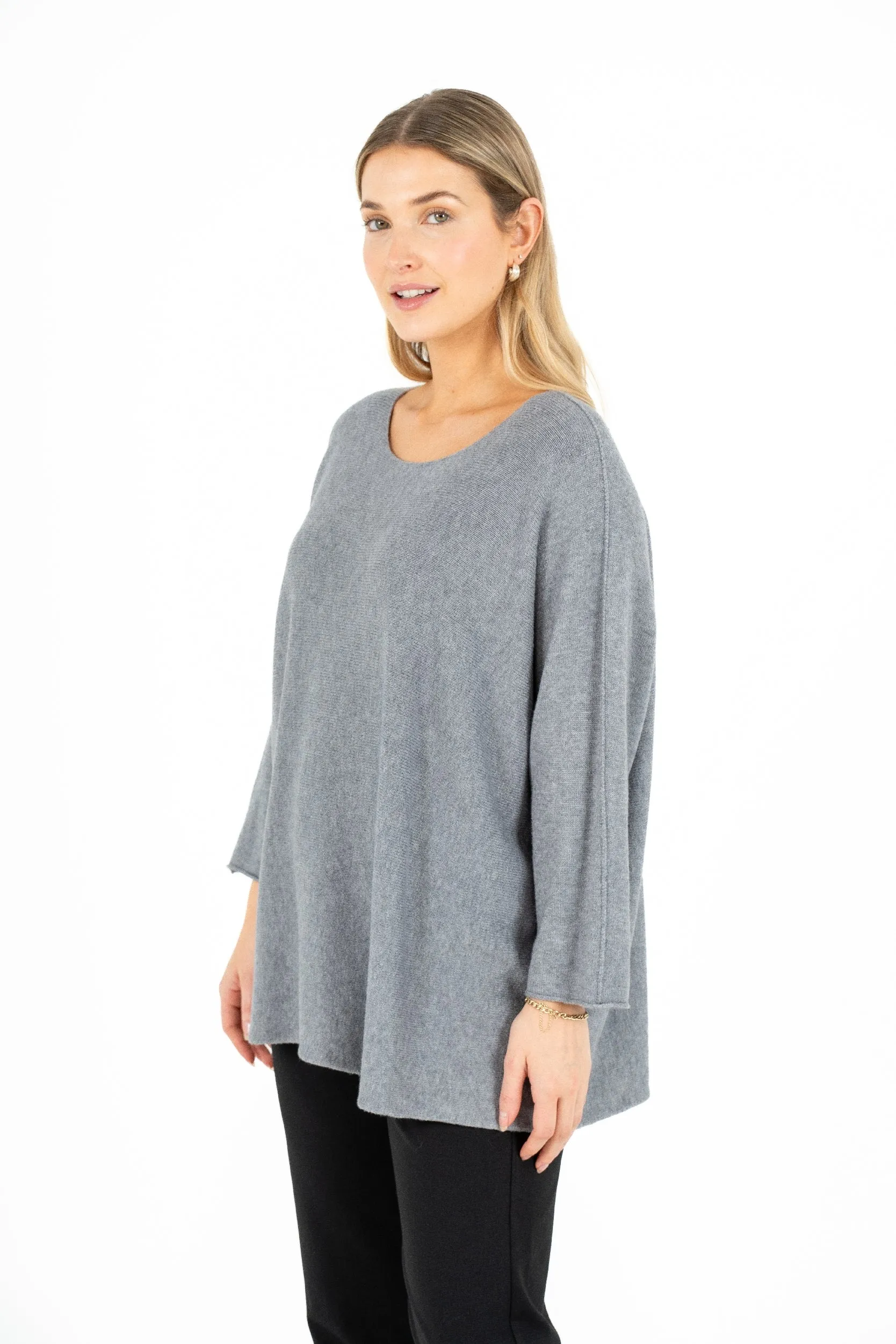 M Made in Italy – Wide-Neck Tunic Length Knit Sweater With 3/4 Sleeves