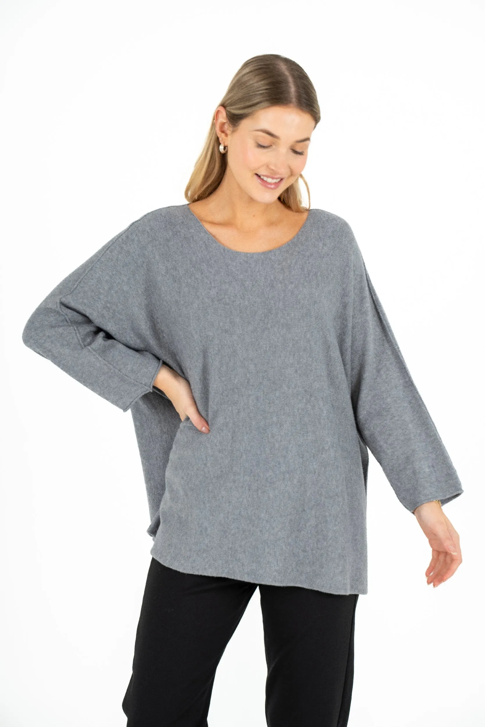 M Made in Italy – Wide-Neck Tunic Length Knit Sweater With 3/4 Sleeves