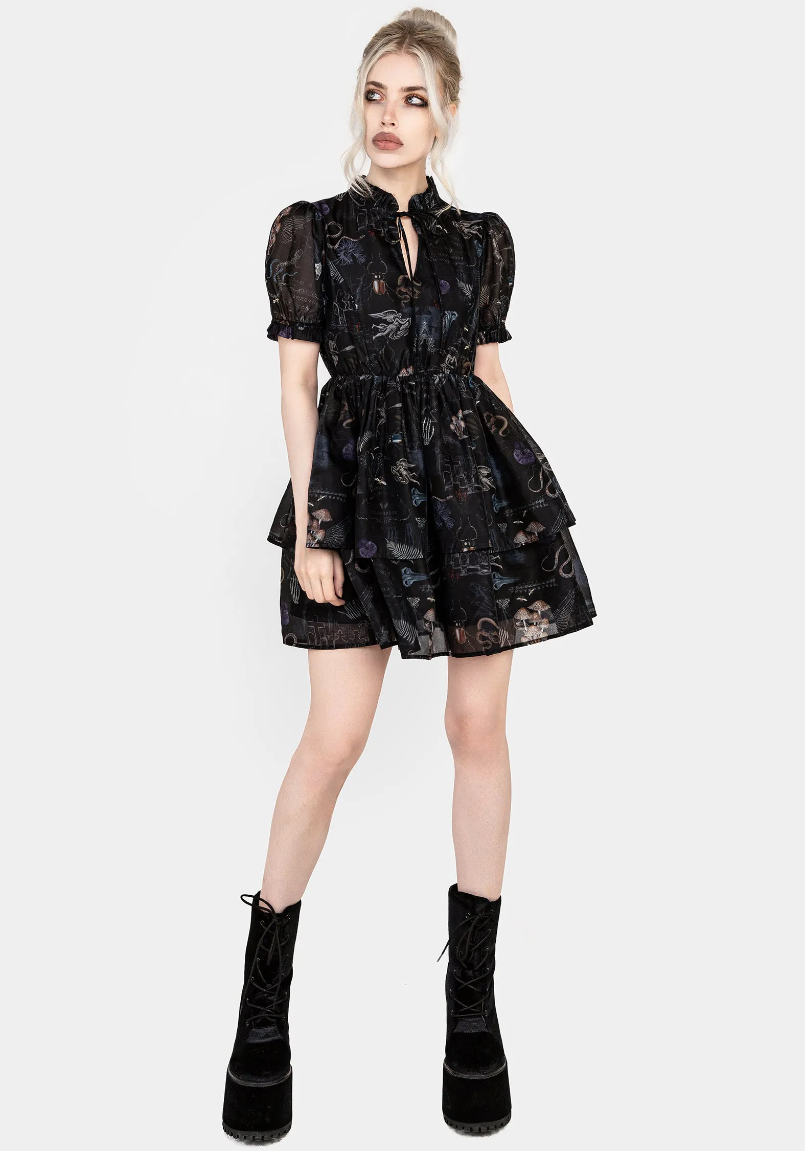 Maudeline Victoriana Print Layered Organza Mini Dress