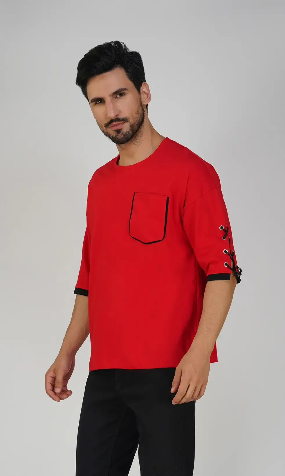 Mebadass Men's ColorBlocked OverSized Hippie T-shirts - Red & Black