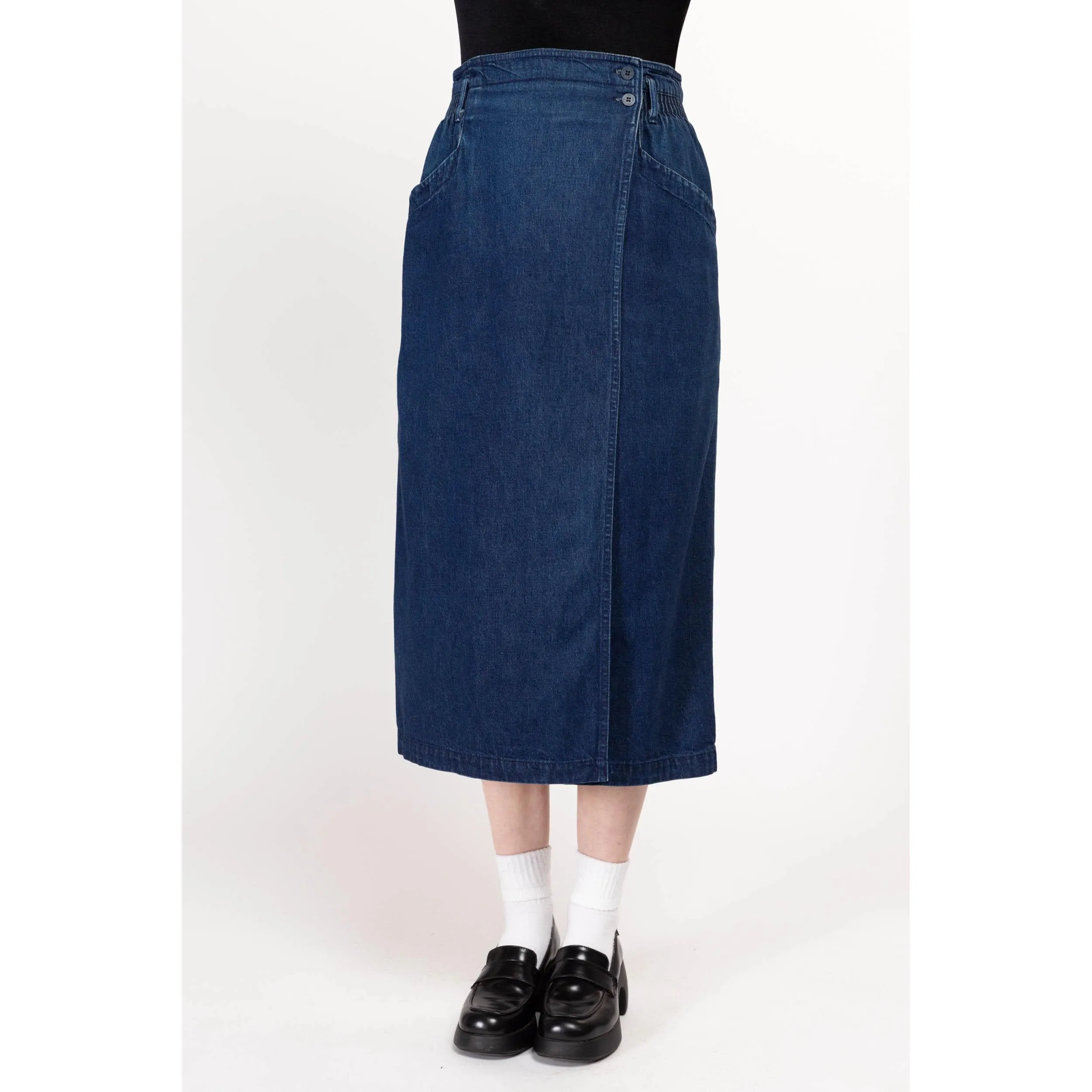 Medium 80s Calvin Klein Dark Wash Denim Midi Wrap Skirt 29"-30"