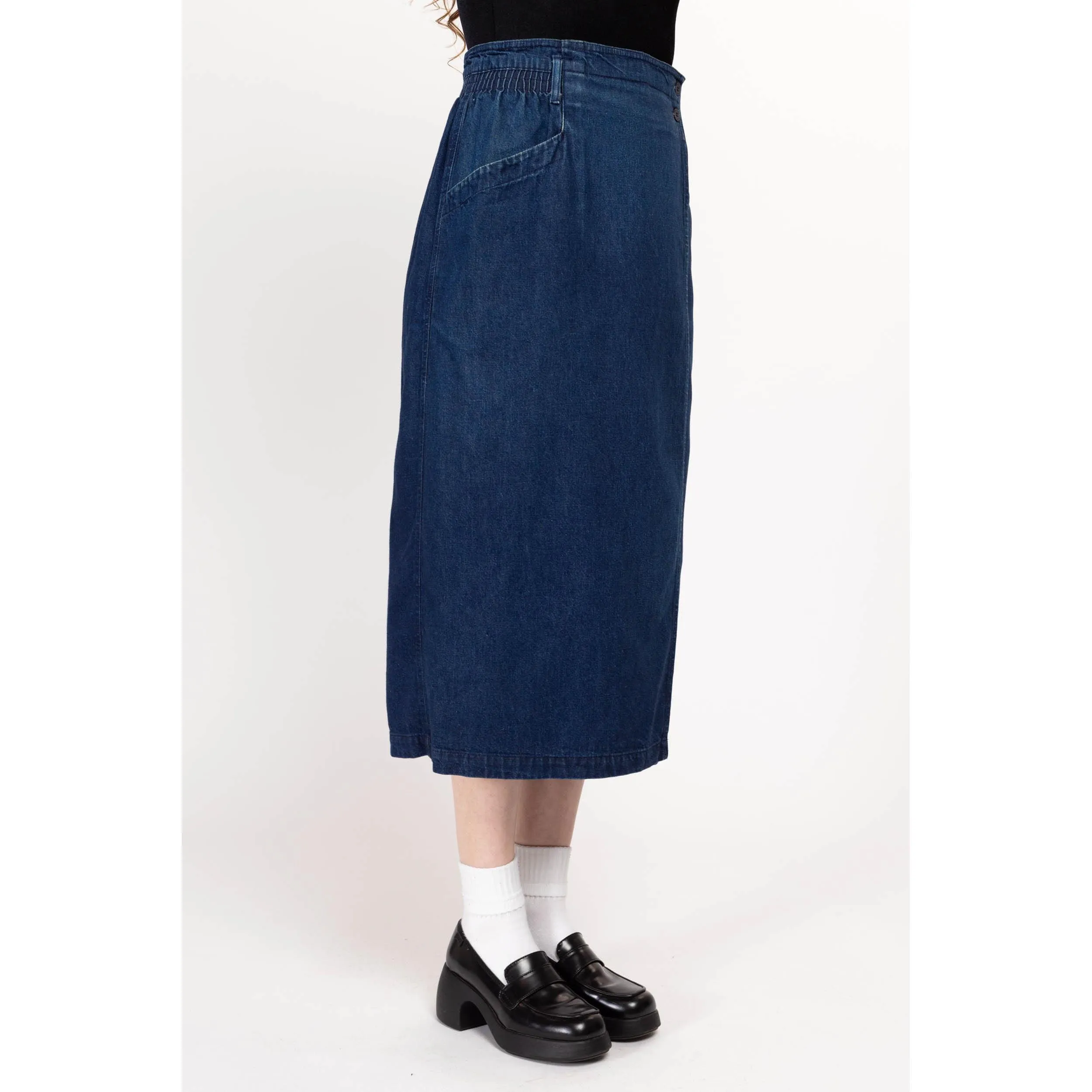 Medium 80s Calvin Klein Dark Wash Denim Midi Wrap Skirt 29"-30"