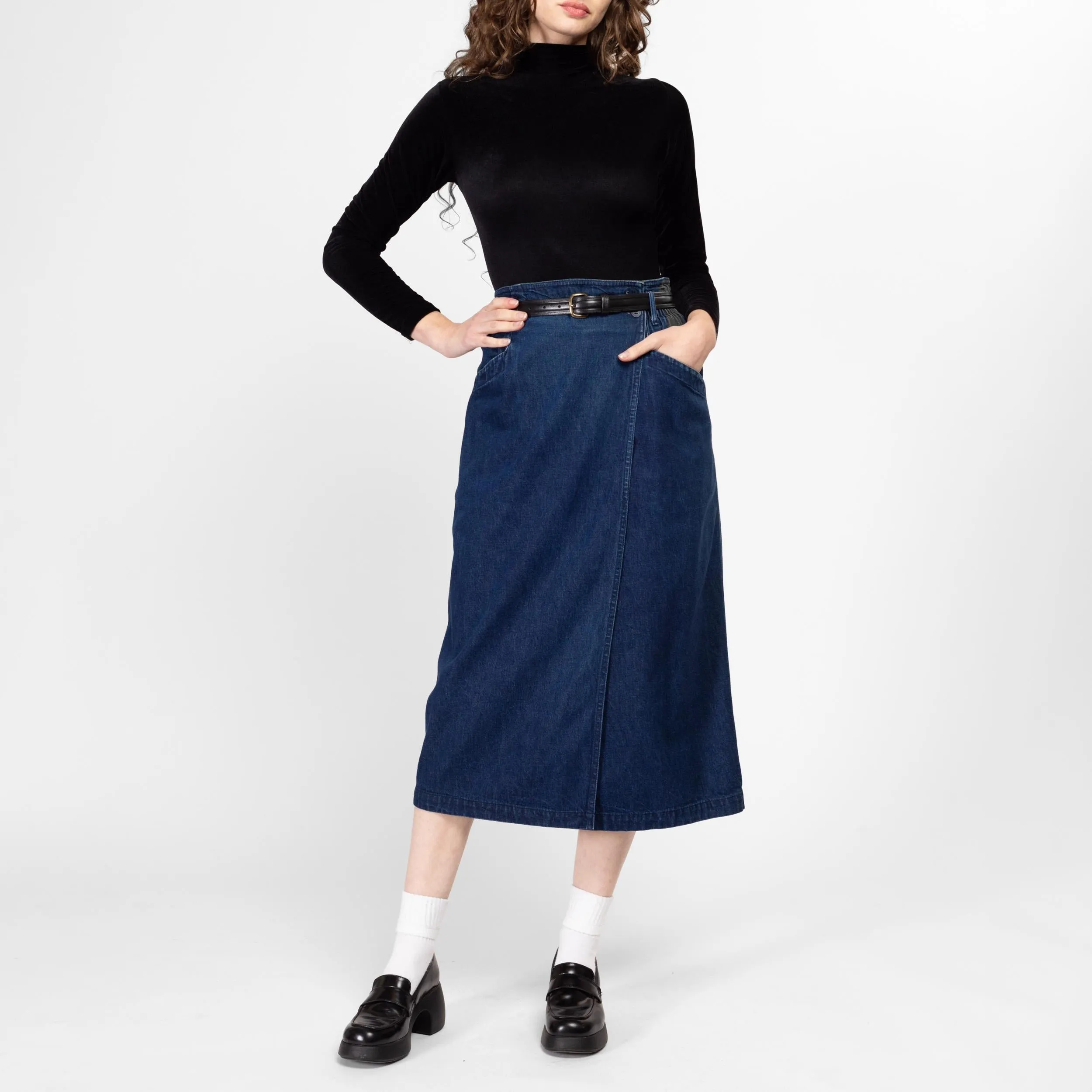 Medium 80s Calvin Klein Dark Wash Denim Midi Wrap Skirt 29"-30"