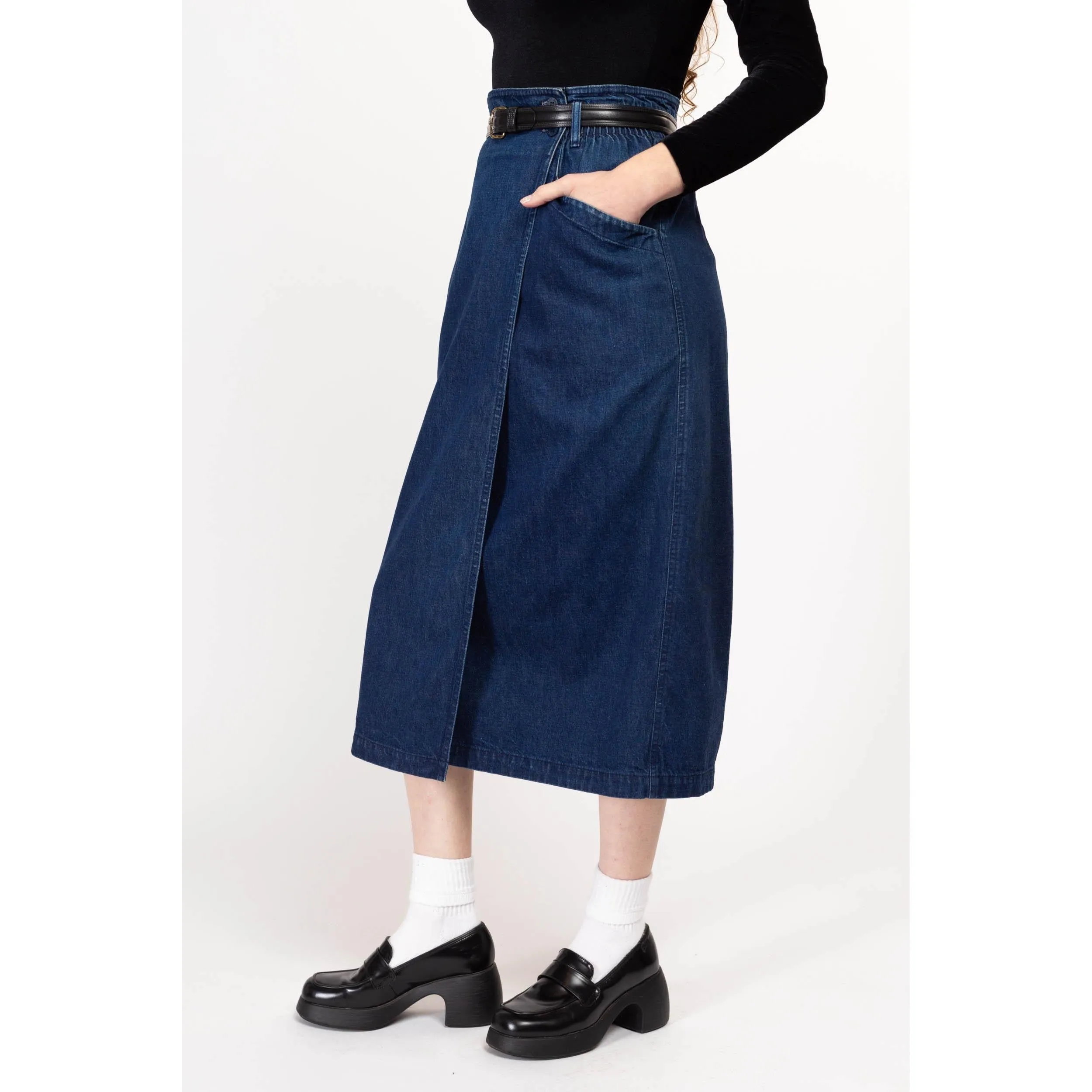 Medium 80s Calvin Klein Dark Wash Denim Midi Wrap Skirt 29"-30"