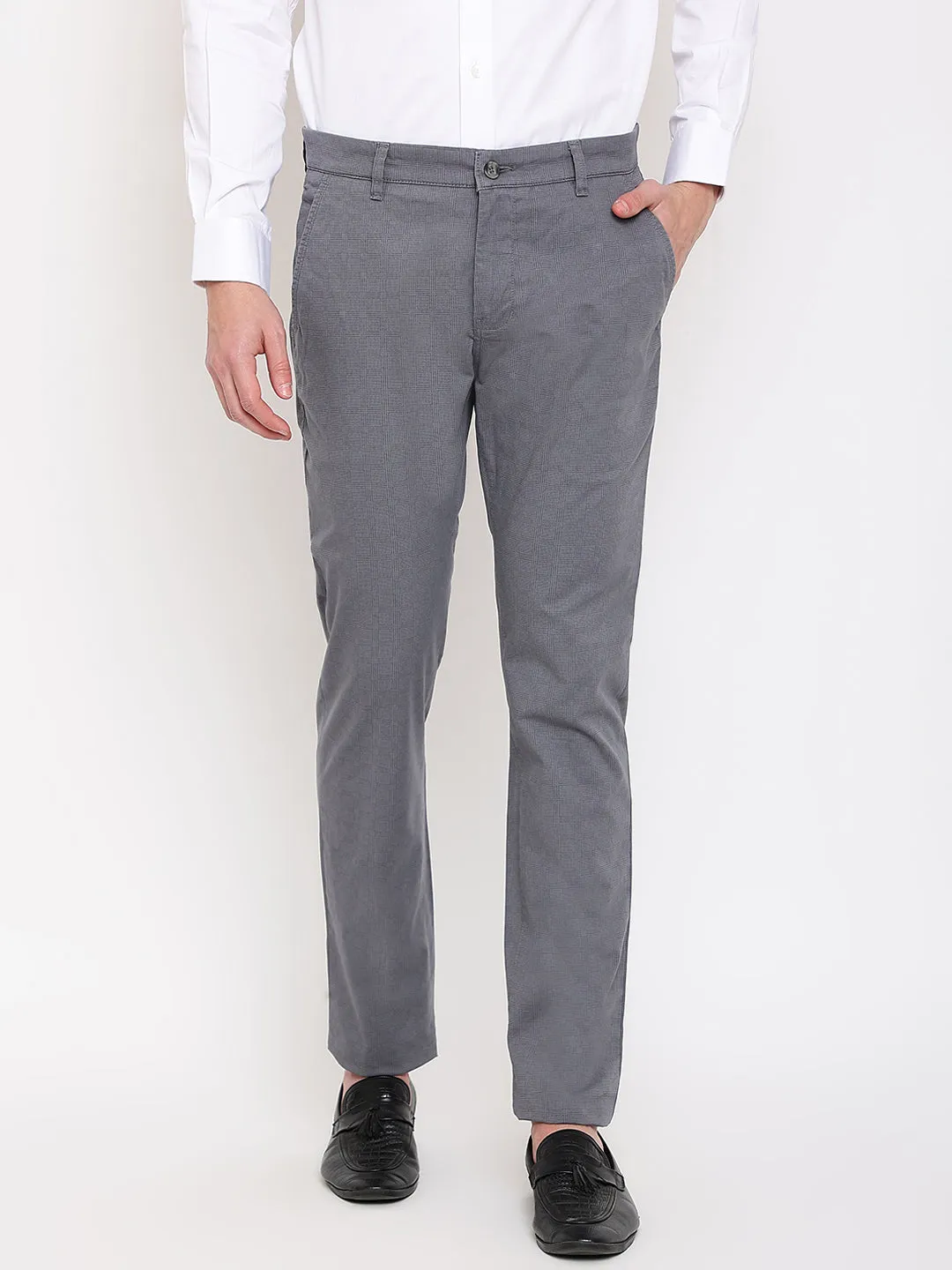 Men's Casual Flat front Dark Grey Checks Trousers