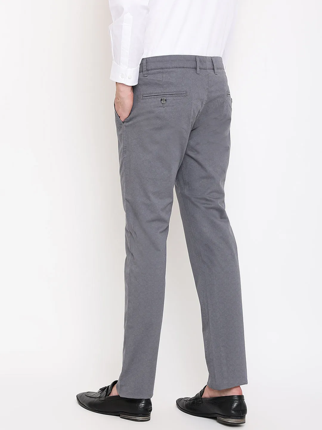 Men's Casual Flat front Dark Grey Checks Trousers