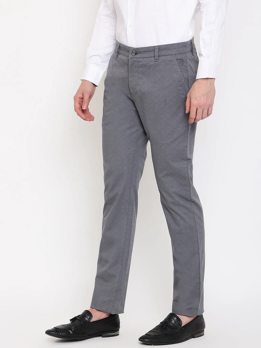 Men's Casual Flat front Dark Grey Checks Trousers