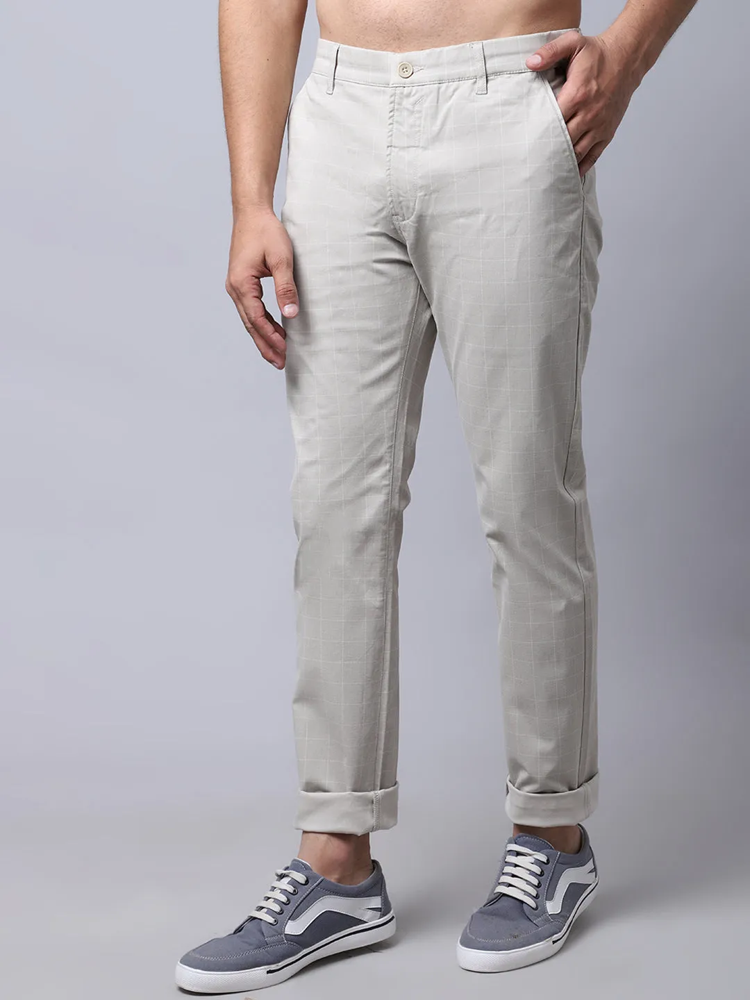 Men's Casual Flat front Light Fawn Checks Trousers