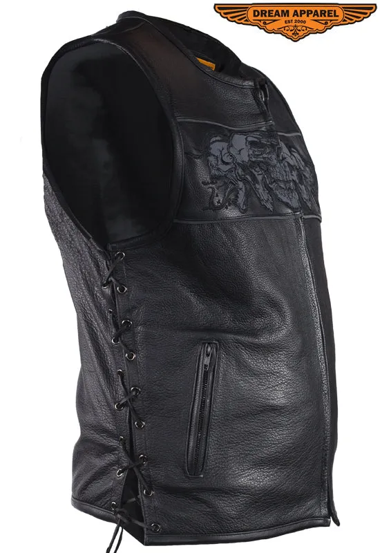 Mens Leather Vest With Reflective Skulls & Conceal Carry Pockets