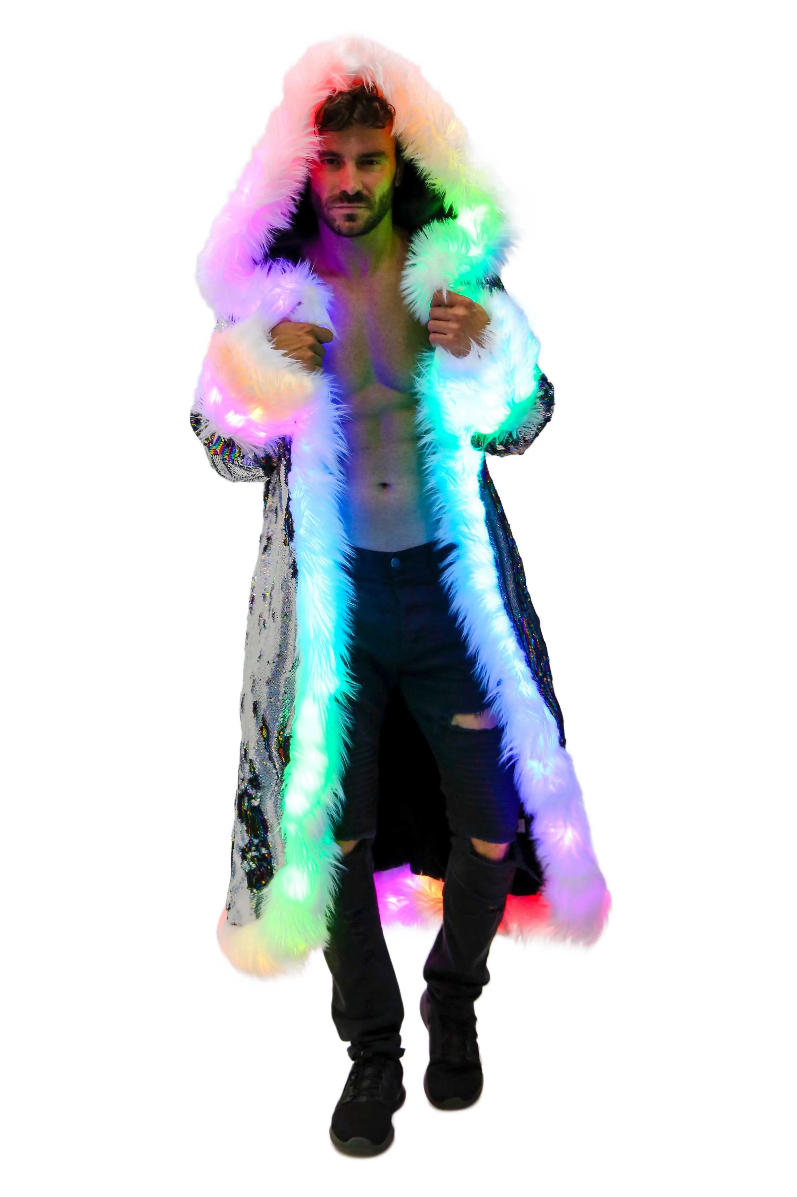 Men's LED Sequin King Coat in "Silver Hologram- Rainbow Stripe"