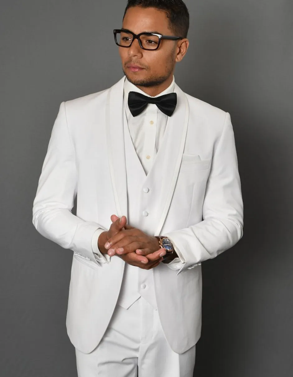 Mens One Button Satin Trim Shawl Tuxedo in White Wool