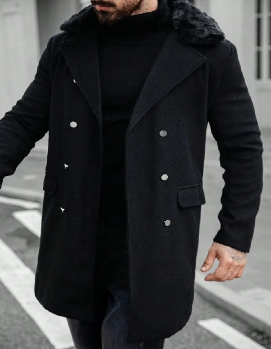 Mens Peacoat With Fur Collar - Black Wool Double Breasted Coat