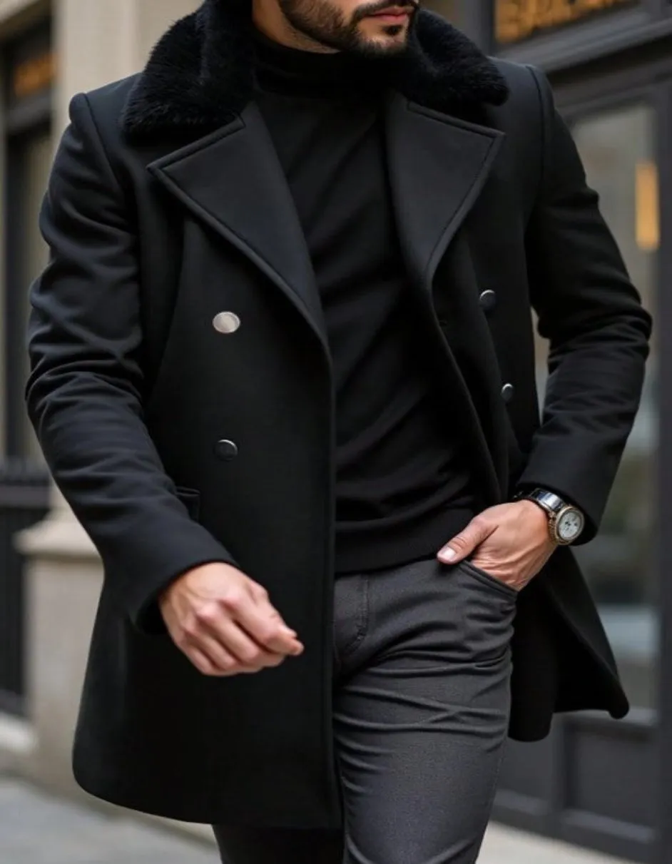 Mens Peacoat With Fur Collar - Black Wool Double Breasted Coat