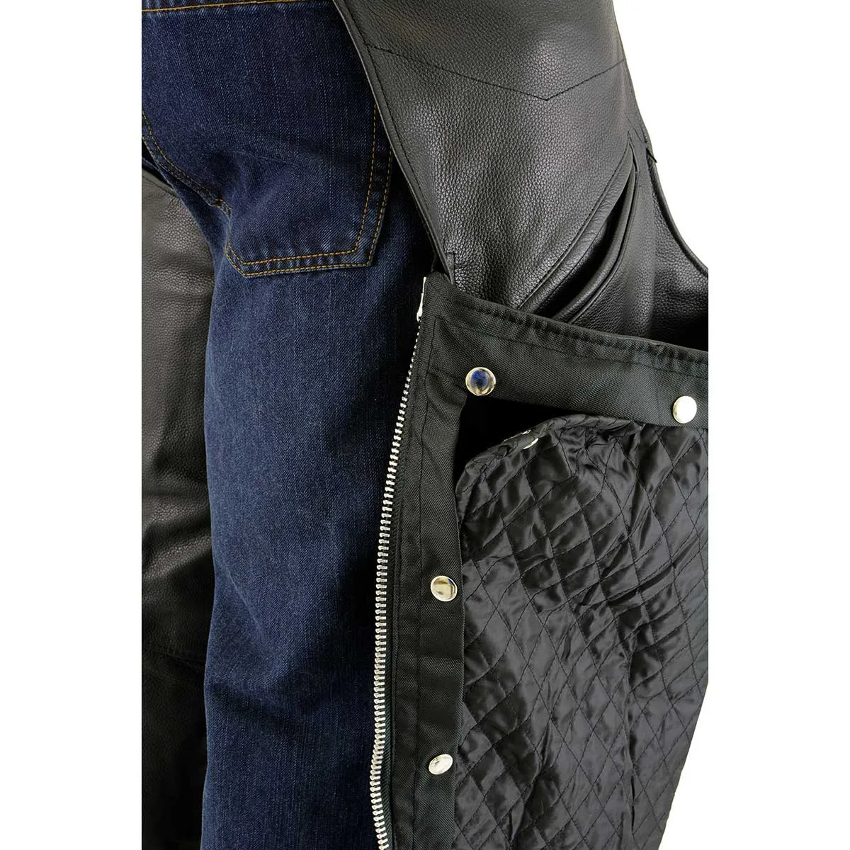 Milwaukee Leather Chaps for Men's Black Naked Leather Snap Out Thermal Lined - Slash Pocket Motorcycle Chap- ML1103