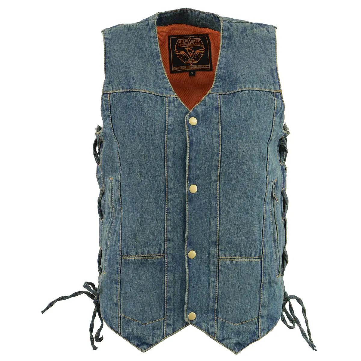 Milwaukee Leather DM1989 Men's Blue Denim '10 Pocket' Motorcycle Bikers Rider Vest with Side Laces