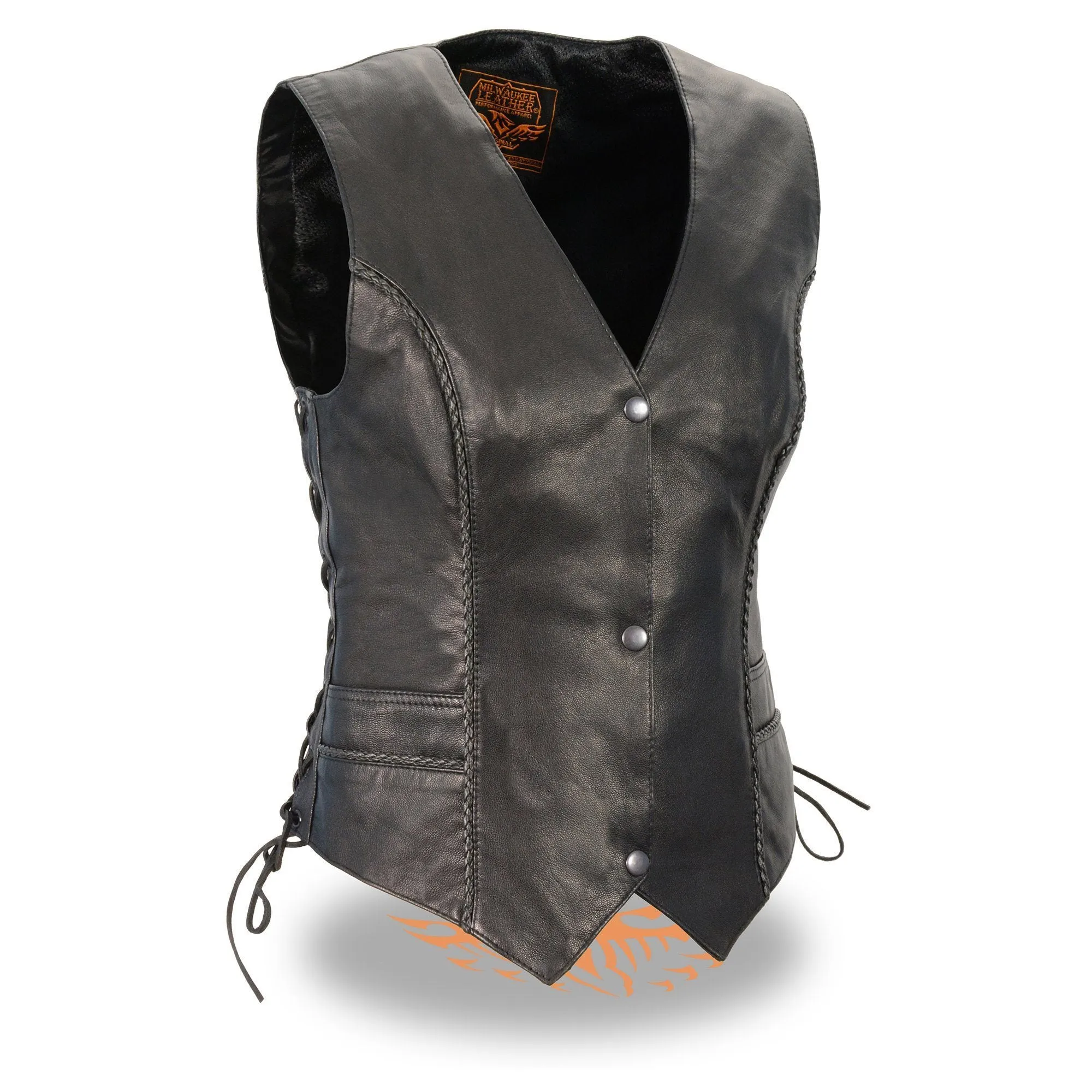 Milwaukee Leather MLL4560 Women's Black Premium Leather Classic Braided Side Lace Deep V-Neck Motorcycle Rider Vest