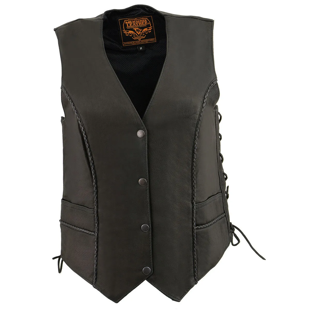 Milwaukee Leather MLL4560 Women's Black Premium Leather Classic Braided Side Lace Deep V-Neck Motorcycle Rider Vest