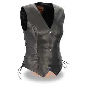 Milwaukee Leather MLL4560 Women's Black Premium Leather Classic Braided Side Lace Deep V-Neck Motorcycle Rider Vest