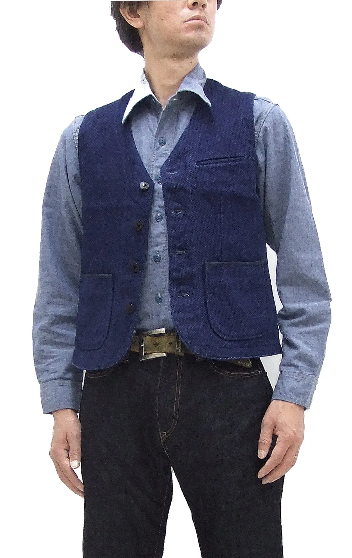 Momotaro Jeans Indigo Sashiko Vest Men's Casual V-neck Button Front Work Vest Waistcoat 04-010