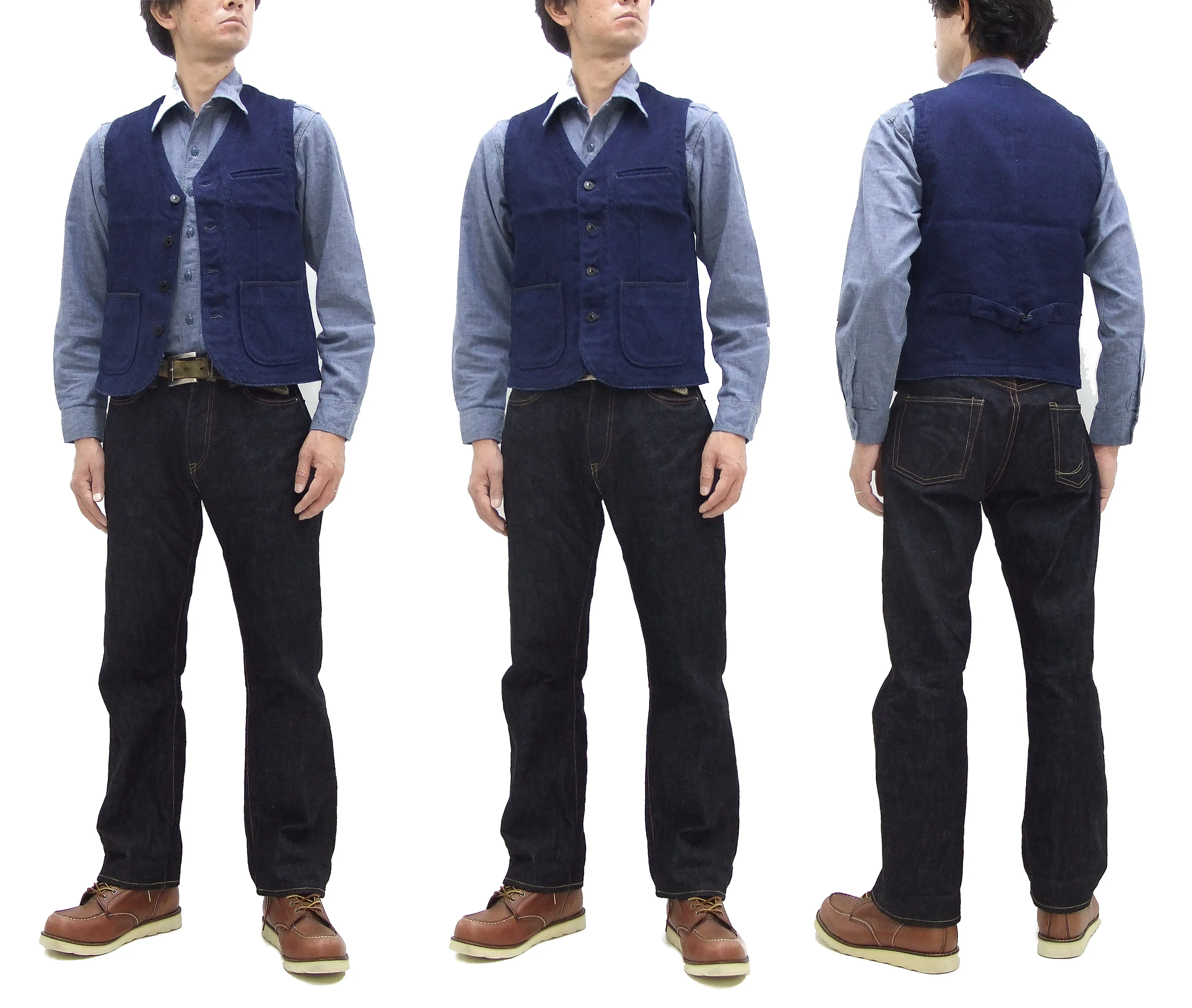 Momotaro Jeans Indigo Sashiko Vest Men's Casual V-neck Button Front Work Vest Waistcoat 04-010