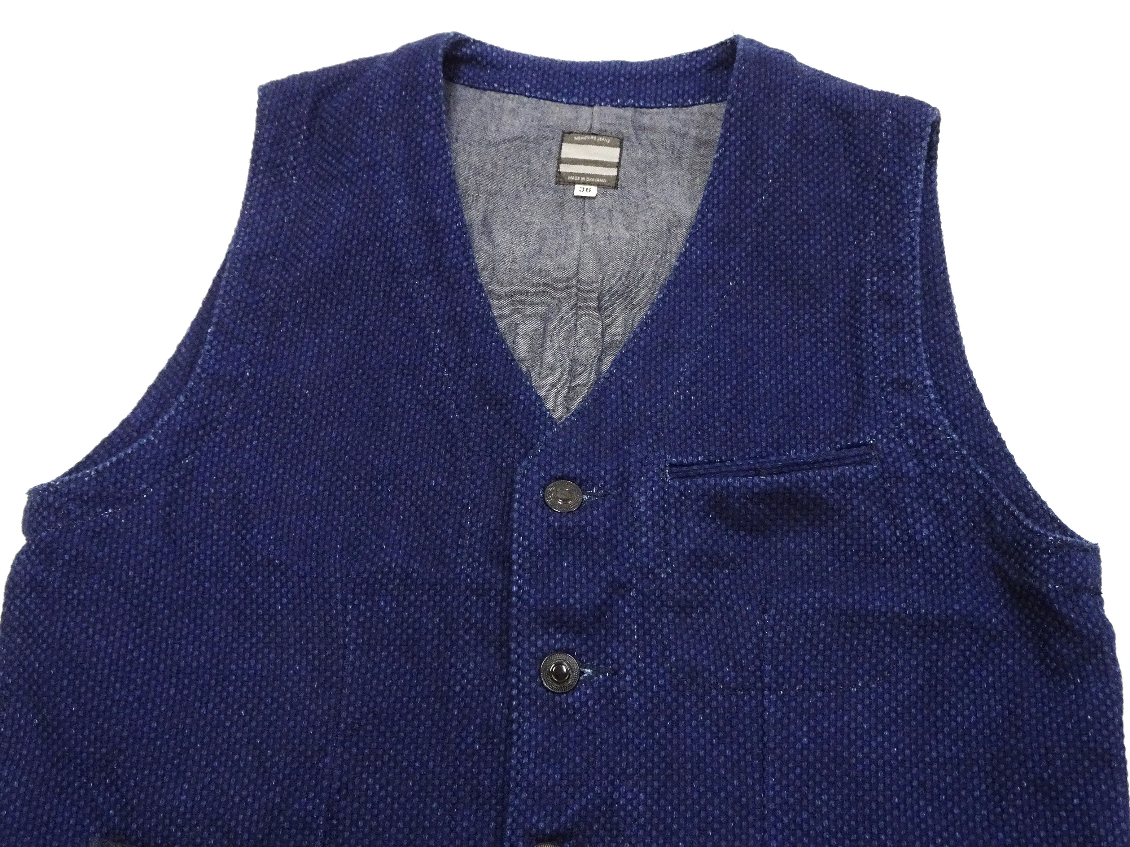 Momotaro Jeans Indigo Sashiko Vest Men's Casual V-neck Button Front Work Vest Waistcoat 04-010