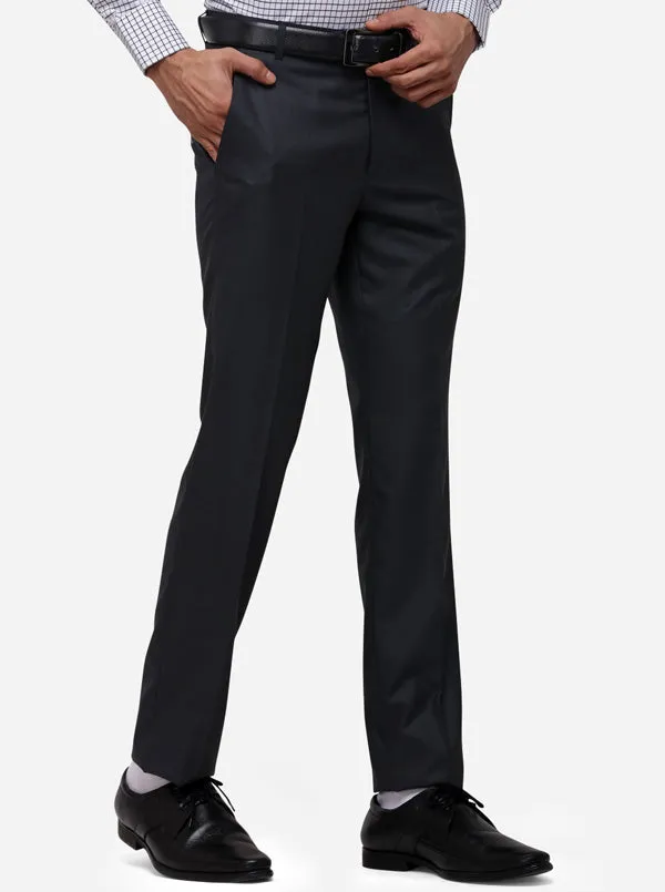 Navy Blue & Black Slim Fit Solid Formal Trouser | Greenfibre