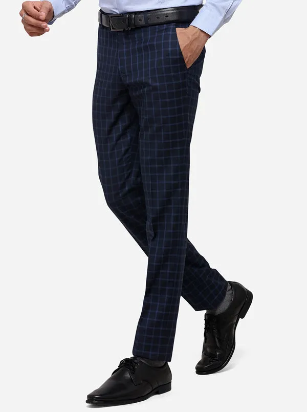 Navy Blue Super Slim Fit Checked Formal Trouser | JadeBlue