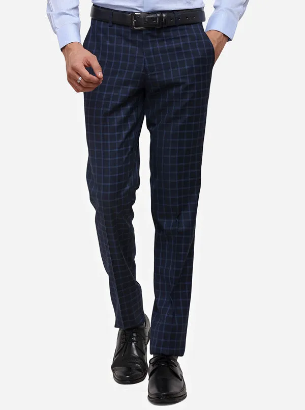 Navy Blue Super Slim Fit Checked Formal Trouser | JadeBlue