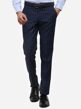 Navy Blue Super Slim Fit Checked Formal Trouser | JadeBlue