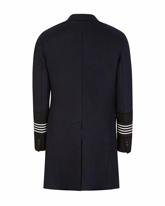 Navy Wool Stripe Cuff Overcoat