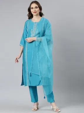 Neerus Green Regular Straight Solid Kurta And  Trousers With Dupatta