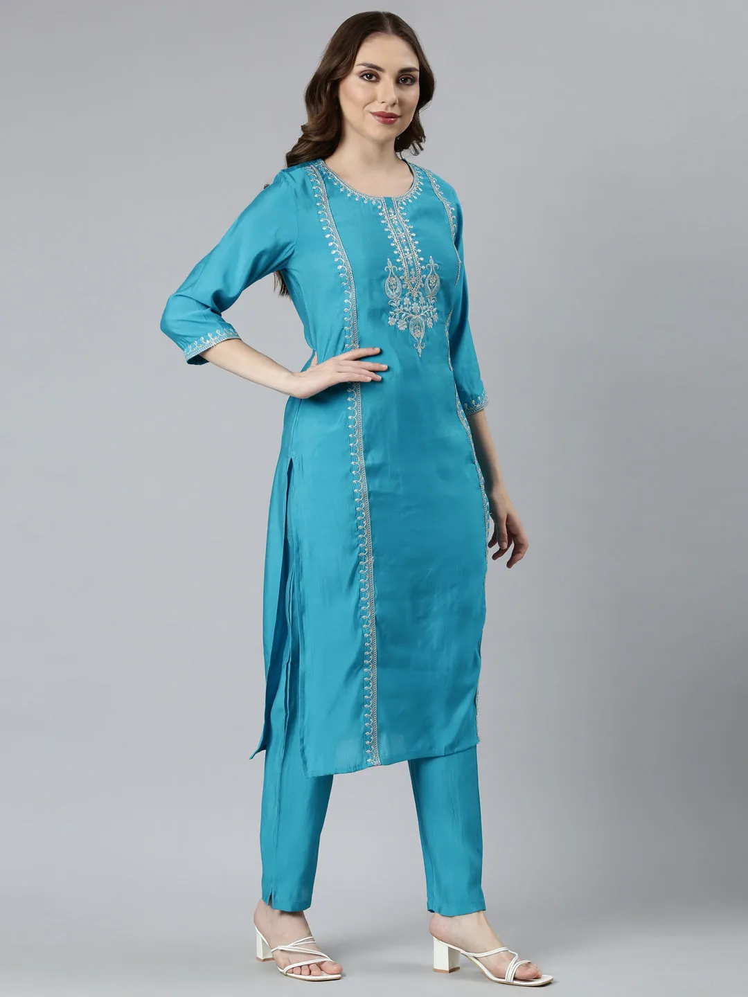 Neerus Green Regular Straight Solid Kurta And  Trousers With Dupatta