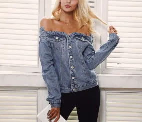 Off the shoulder denim jeans jacket