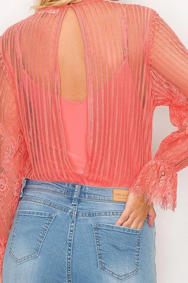 Orange Lace Trim Shadow Stripe Bodysuit