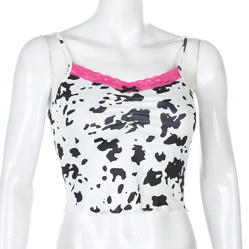 Patchwork Lace Edge Cow Print Cute Crop Top Sexy Party Clubwear V Neck Sleeveless