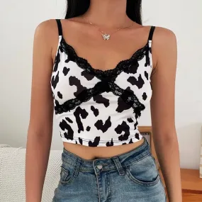 Patchwork Lace Edge Cow Print Cute Crop Top Sexy Party Clubwear V Neck Sleeveless