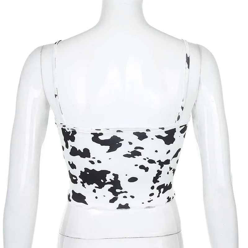 Patchwork Lace Edge Cow Print Cute Crop Top Sexy Party Clubwear V Neck Sleeveless