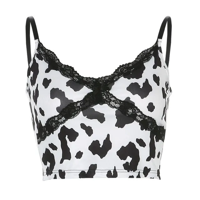 Patchwork Lace Edge Cow Print Cute Crop Top Sexy Party Clubwear V Neck Sleeveless