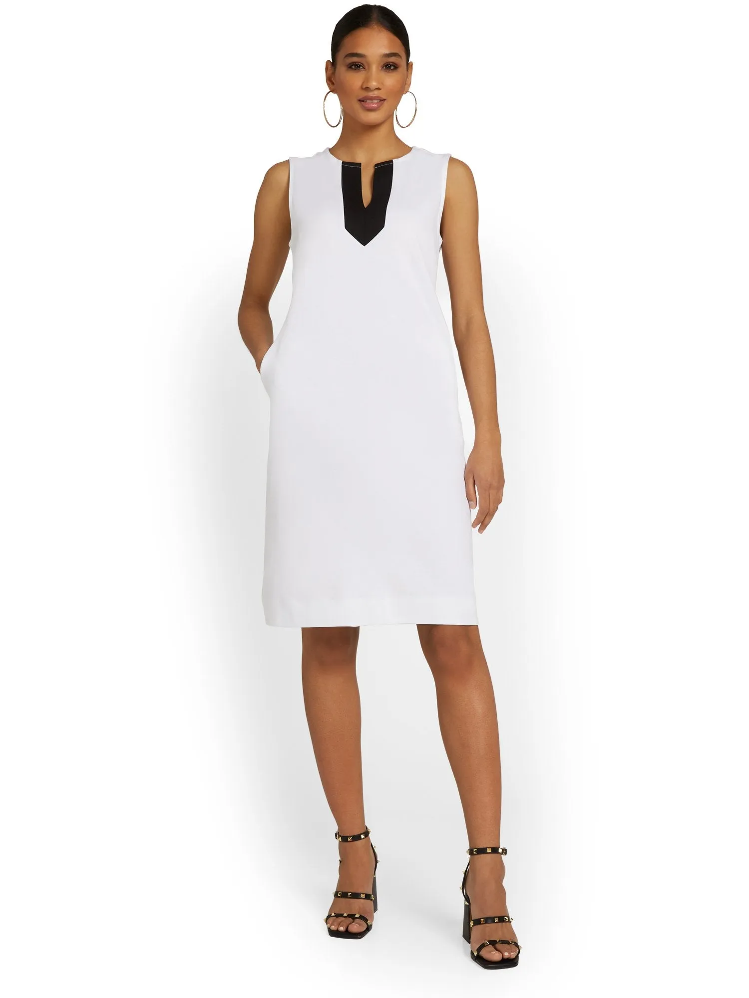 Petite Contrast Split-Neck Shift Dress - City Knits