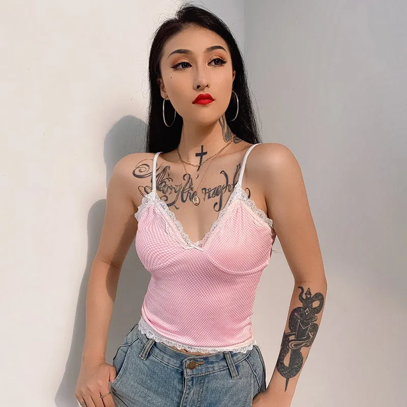 Pink Lace Edge Korean Fashion V Neck Sexy Plaid Bralette Crop Top Sleeveless