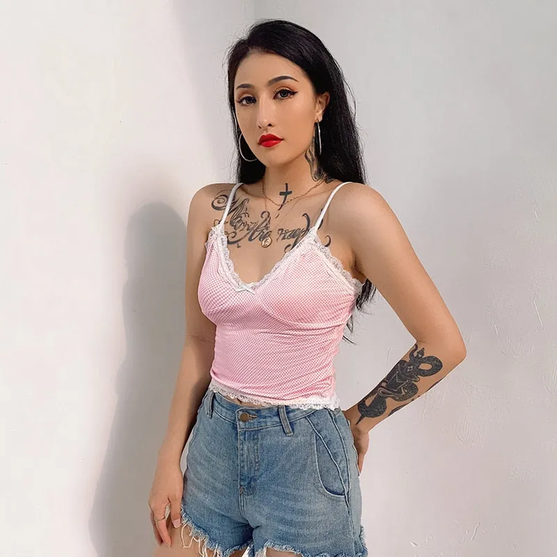 Pink Lace Edge Korean Fashion V Neck Sexy Plaid Bralette Crop Top Sleeveless