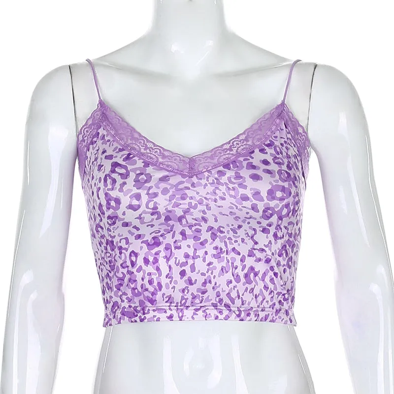 Pink Patchwork Lace Edge Leopard Tank Crop Top Sexy Party Clubwear V Neck Sleeveless