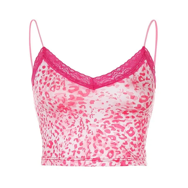 Pink Patchwork Lace Edge Leopard Tank Crop Top Sexy Party Clubwear V Neck Sleeveless