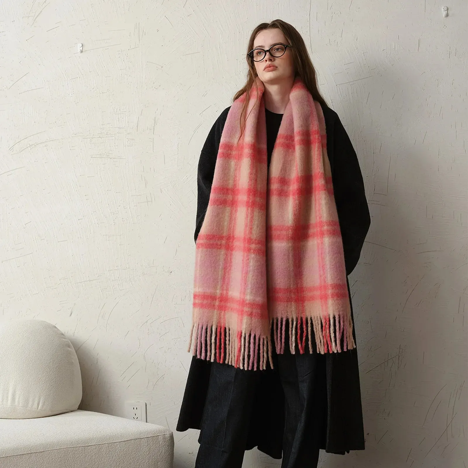 Pink Plaid Wool Scarf for Women - Elegant Winter Accessory