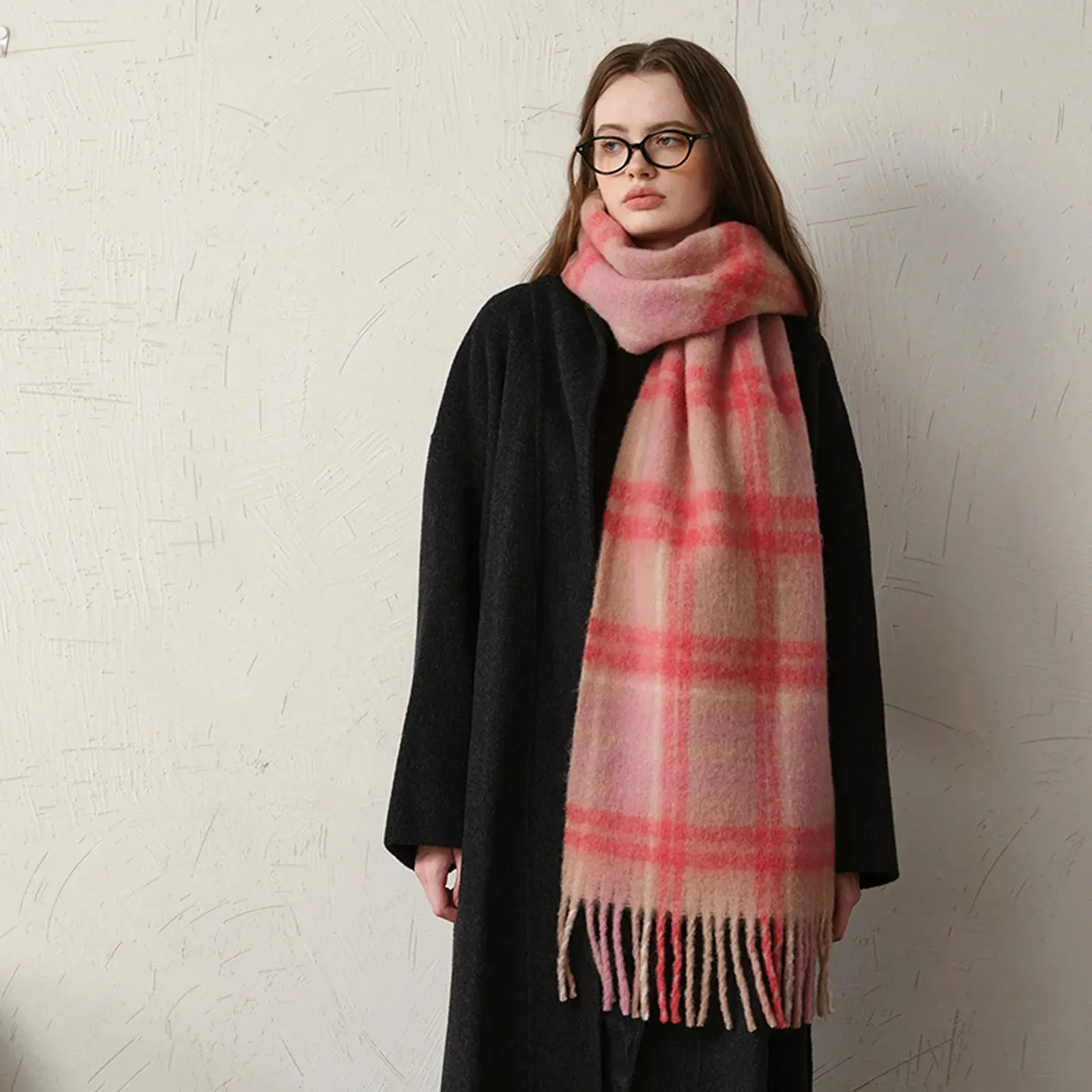 Pink Plaid Wool Scarf for Women - Elegant Winter Accessory